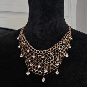 Vintage Dripping Rhinestones Necklace Gold Tone Costume Jewelry